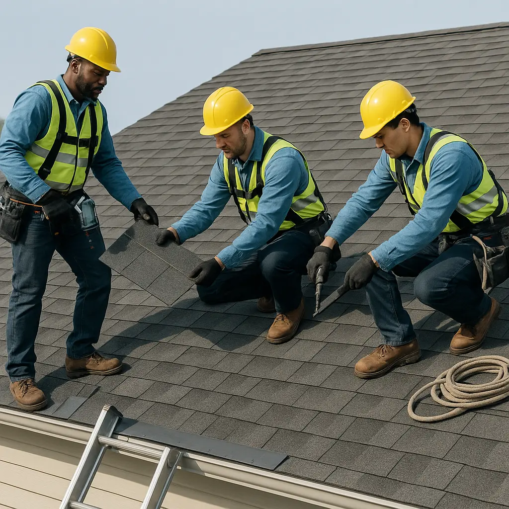 Dachdecker-Team bei Reparaturarbeiten